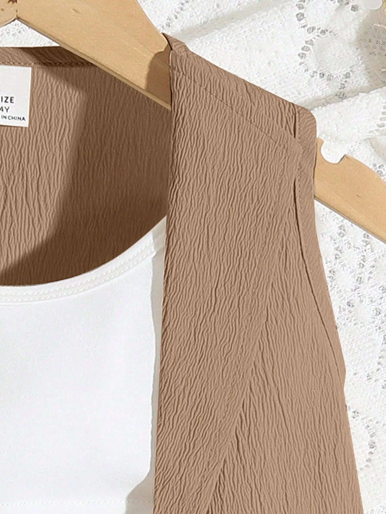 2pcs Girls Shawl Collar Vest & Belted Shorts Set - Taupe