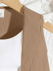 2pcs Girls Shawl Collar Vest & Belted Shorts Set - Taupe