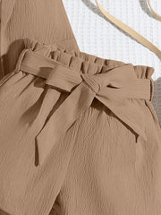 2pcs Girls Shawl Collar Vest & Belted Shorts Set - Taupe