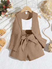 2pcs Girls Shawl Collar Vest & Belted Shorts Set - Taupe