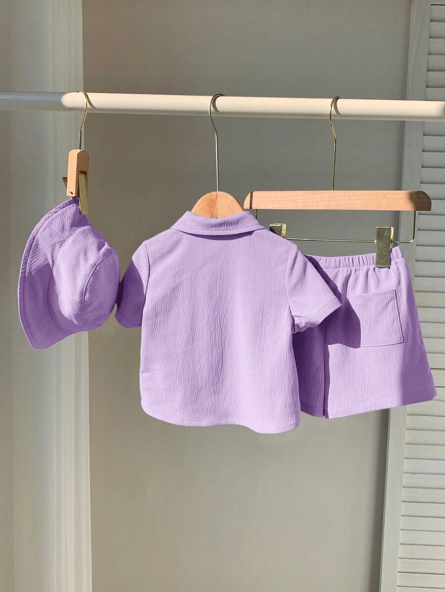 3pcs Unisex Crinkle Polo Shirt, Shorts & Bucket Hat Set - Wisteria ...