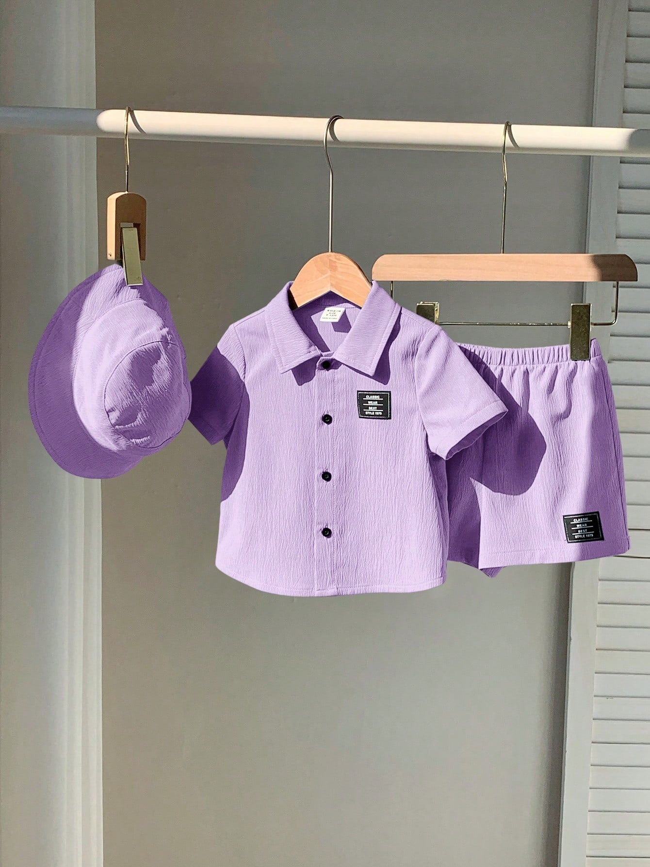 3pcs Unisex Crinkle Polo Shirt, Shorts & Bucket Hat Set - Wisteria ...