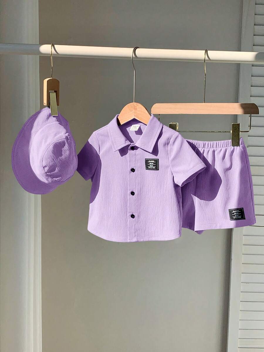 3pcs Unisex Crinkle Polo Shirt, Shorts & Bucket Hat Set - Wisteria ...