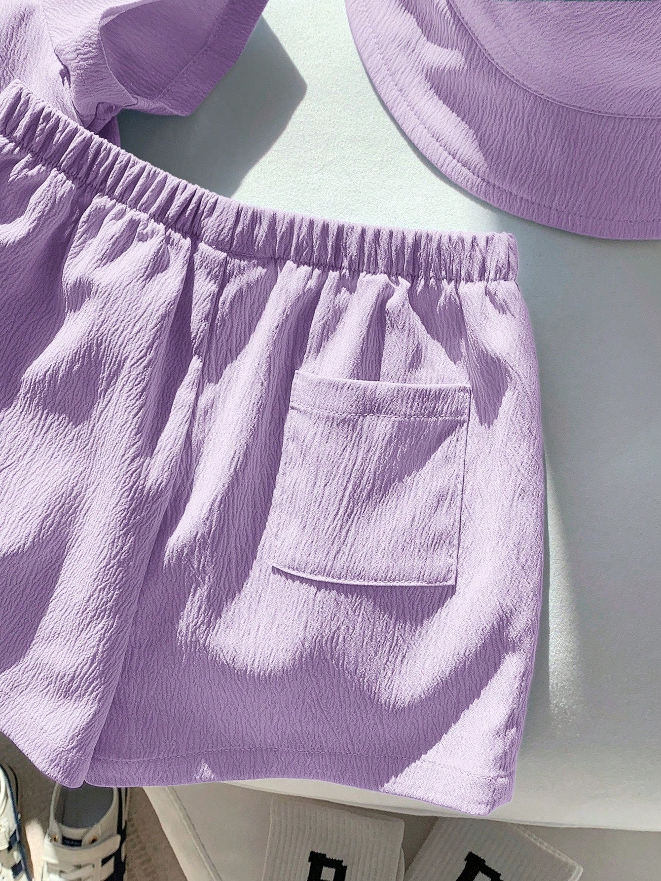3pcs Unisex Crinkle Polo Shirt, Shorts & Bucket Hat Set - Wisteria ...