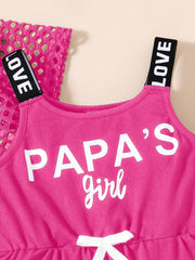 2pcs Girls Fishnet Crop Top & Slogan Romper Set - Fuchsia