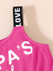 2pcs Girls Fishnet Crop Top & Slogan Romper Set - Fuchsia