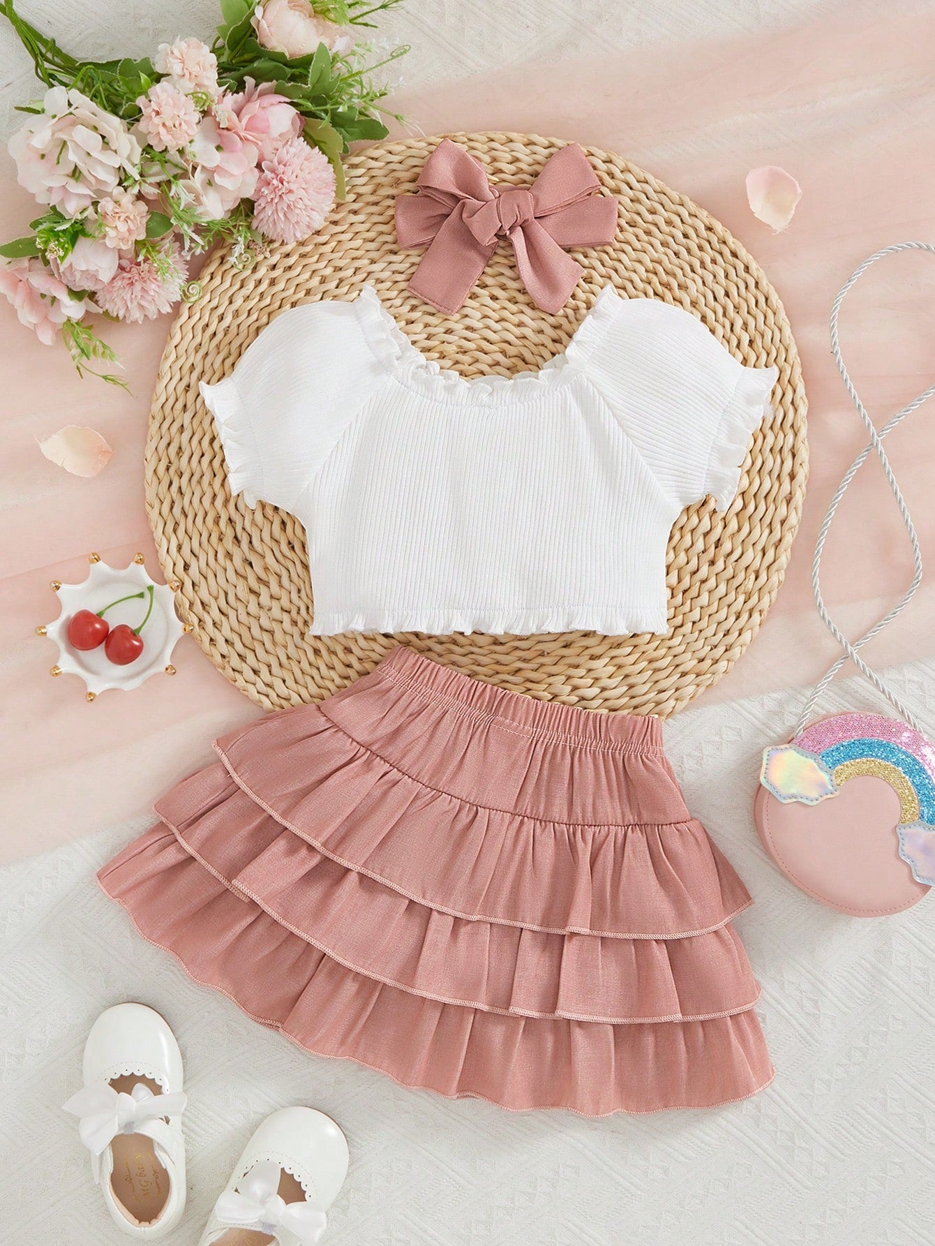 Girls Ruffle Crop Top & Tiered Bow Skirt Set - Dusty Rose