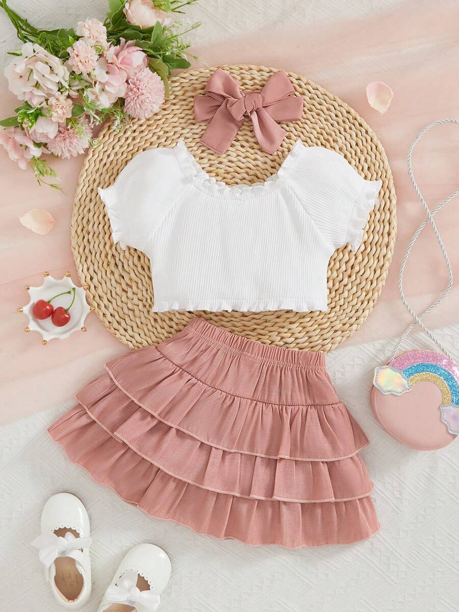 Girls Ruffle Crop Top & Tiered Bow Skirt Set - Dusty Rose