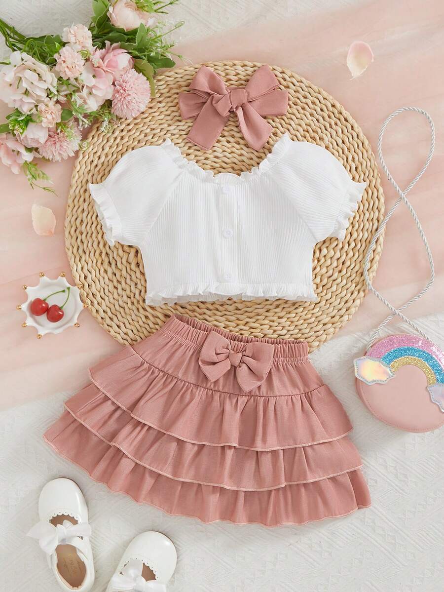 Girls Ruffle Crop Top & Tiered Bow Skirt Set - Dusty Rose