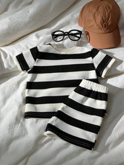 2pcs Boys Bear Embroidered Stripe Tee & Shorts Set - Ivory