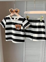 2pcs Boys Bear Embroidered Stripe Tee & Shorts Set - Ivory