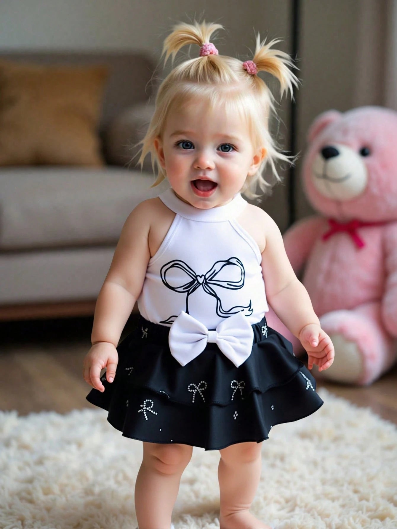 2pcs Girls Bow Print Halter Bodysuit & Ruffle Skort Set - Onyx | 21...