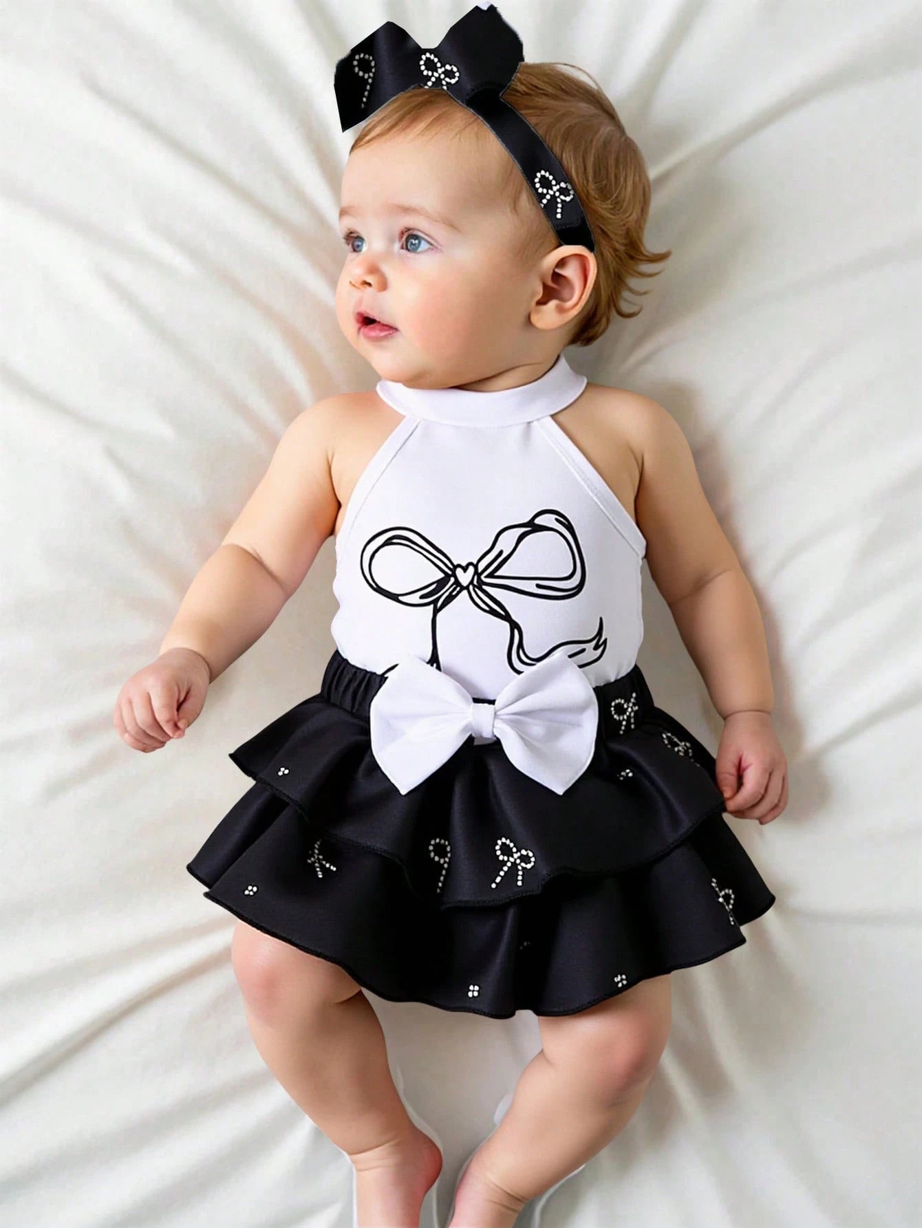 2pcs Girls Bow Print Halter Bodysuit & Ruffle Skort Set - Onyx | 21...