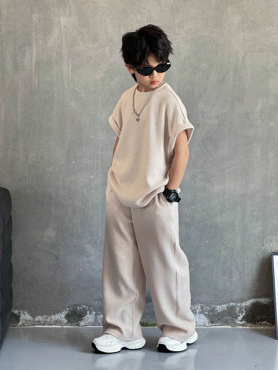 2pcs Big Boys Ribbed Oversized Tee & Wide-Leg Pants Set - Blush | 2...