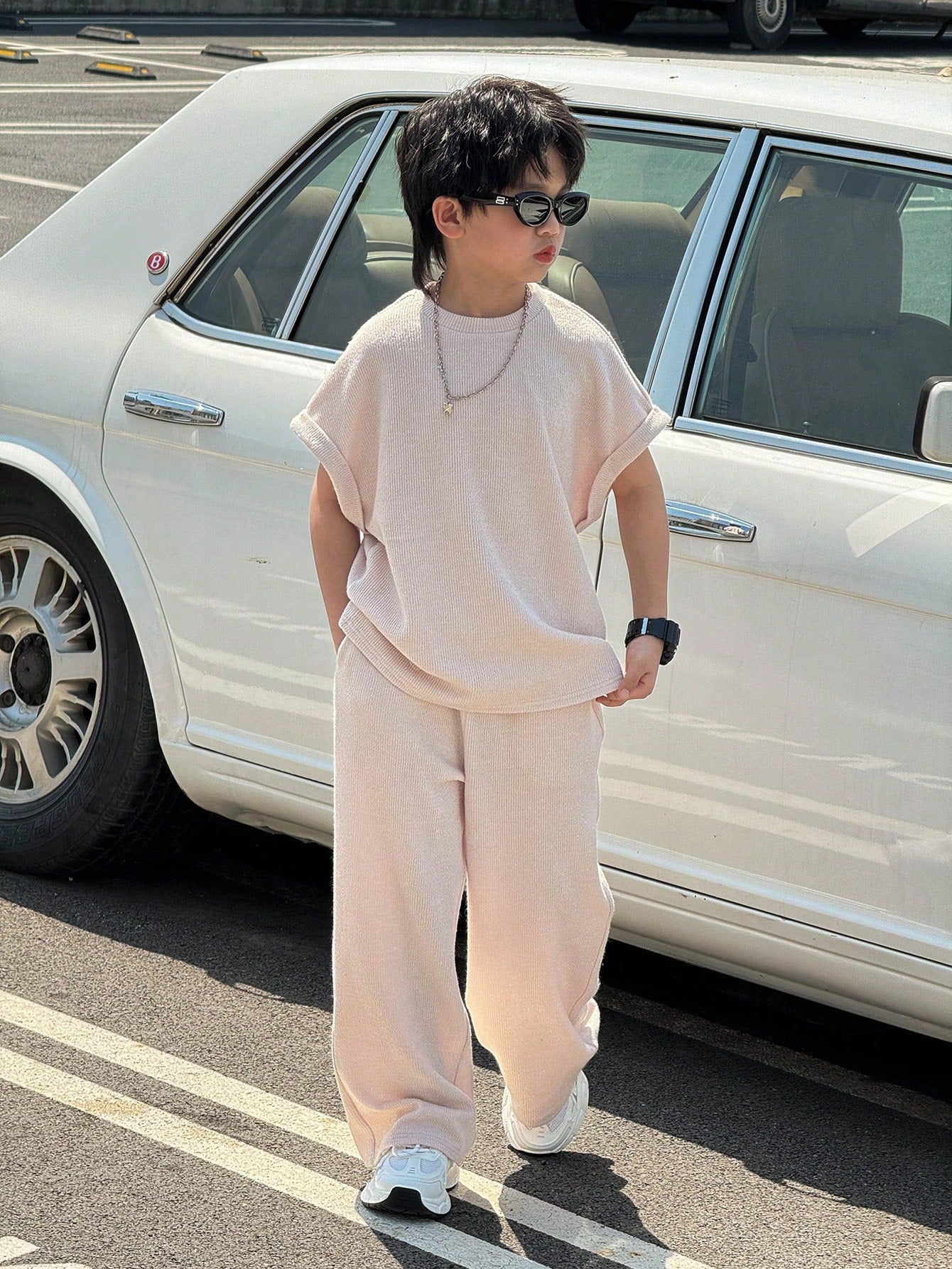 2pcs Big Boys Ribbed Oversized Tee & Wide-Leg Pants Set - Blush | 2...