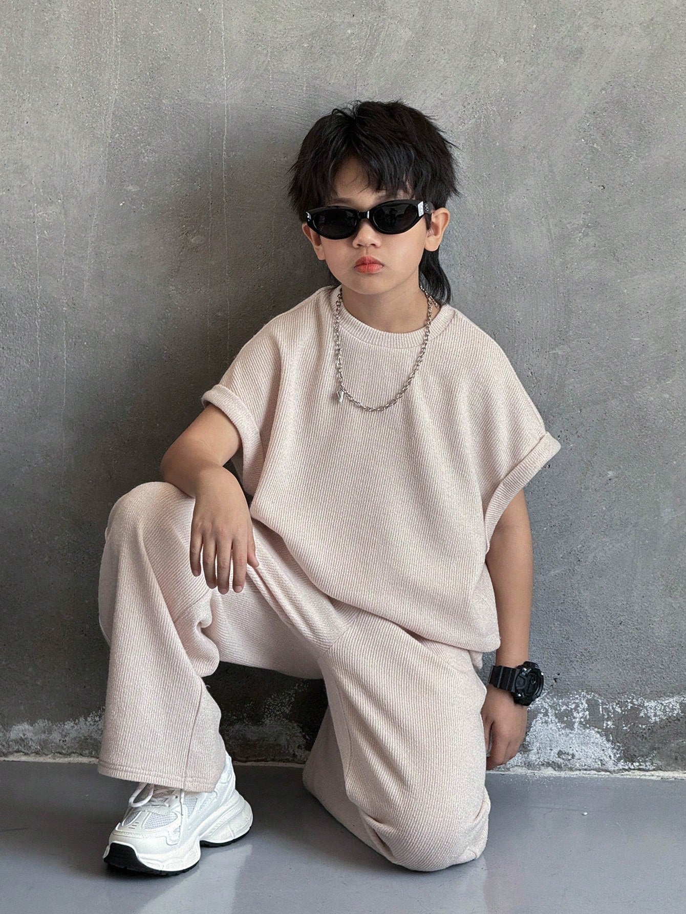 2pcs Big Boys Ribbed Oversized Tee & Wide-Leg Pants Set - Blush | 2...