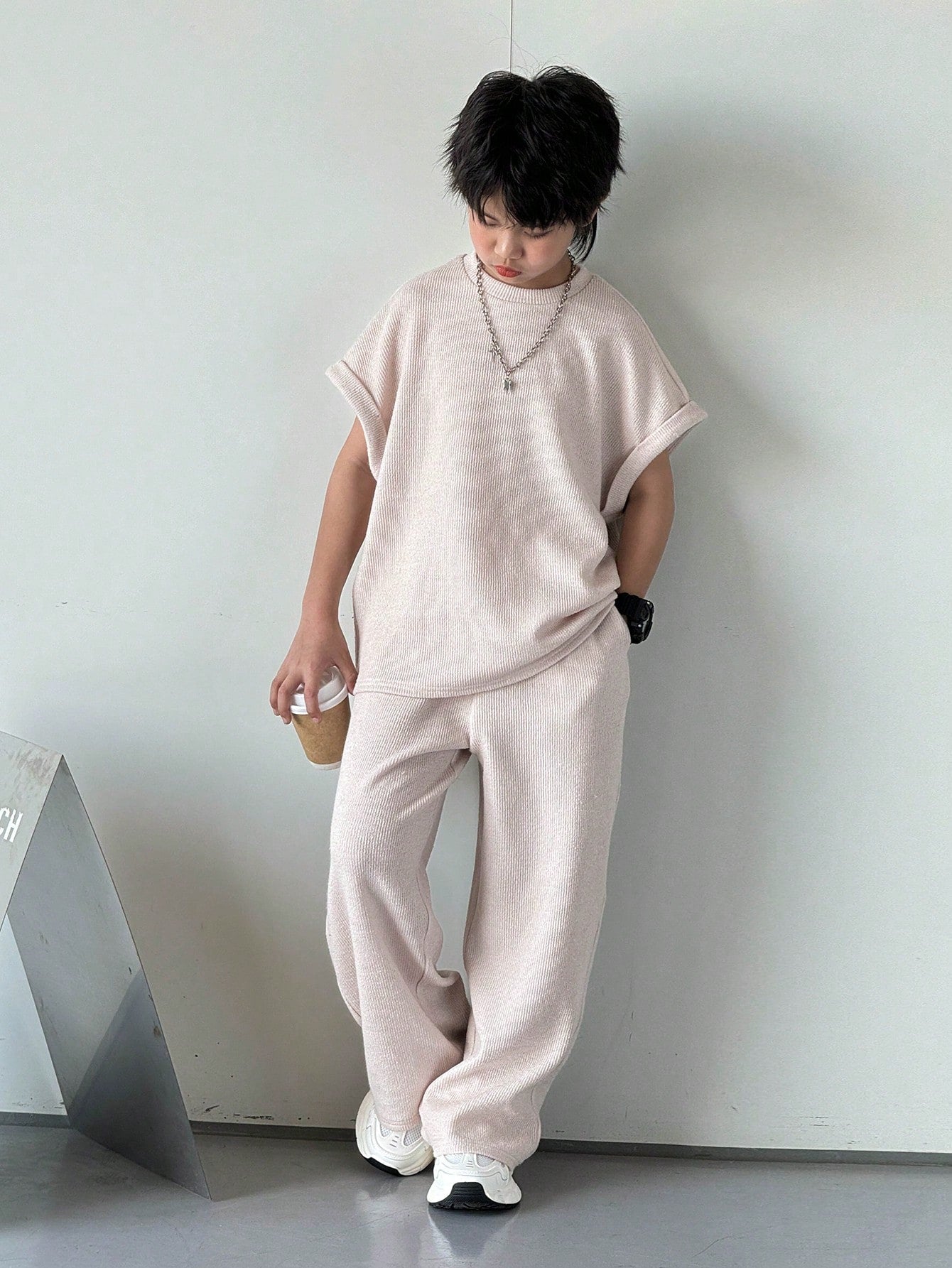 2pcs Big Boys Ribbed Oversized Tee & Wide-Leg Pants Set - Blush | 2...