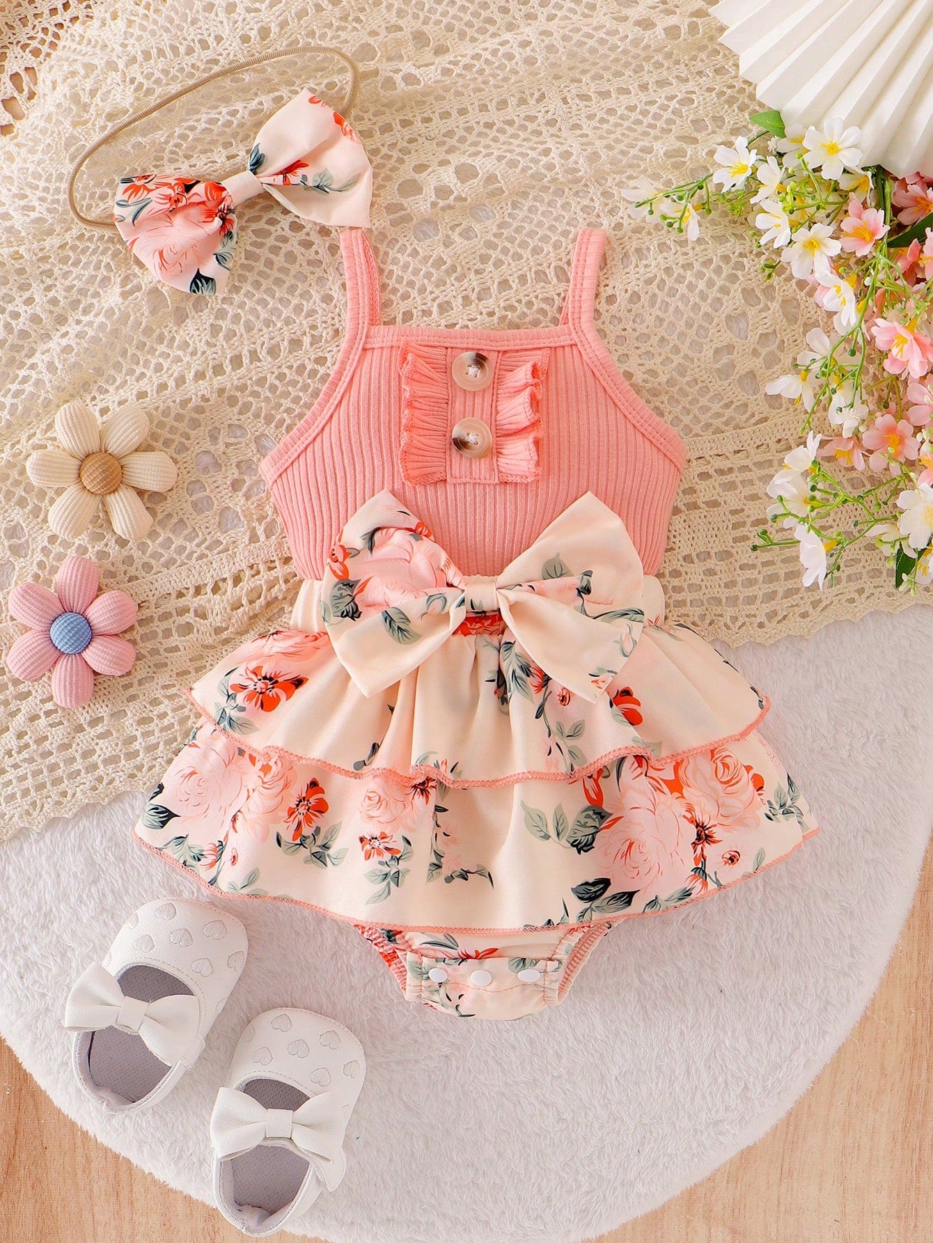 Baby Girls Floral Tiered Ruffle Bodysuit Dress - Blush