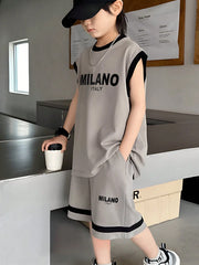 2pcs Big Boys Letter Print Crew Neck Tee & Shorts Set - Stone Grey