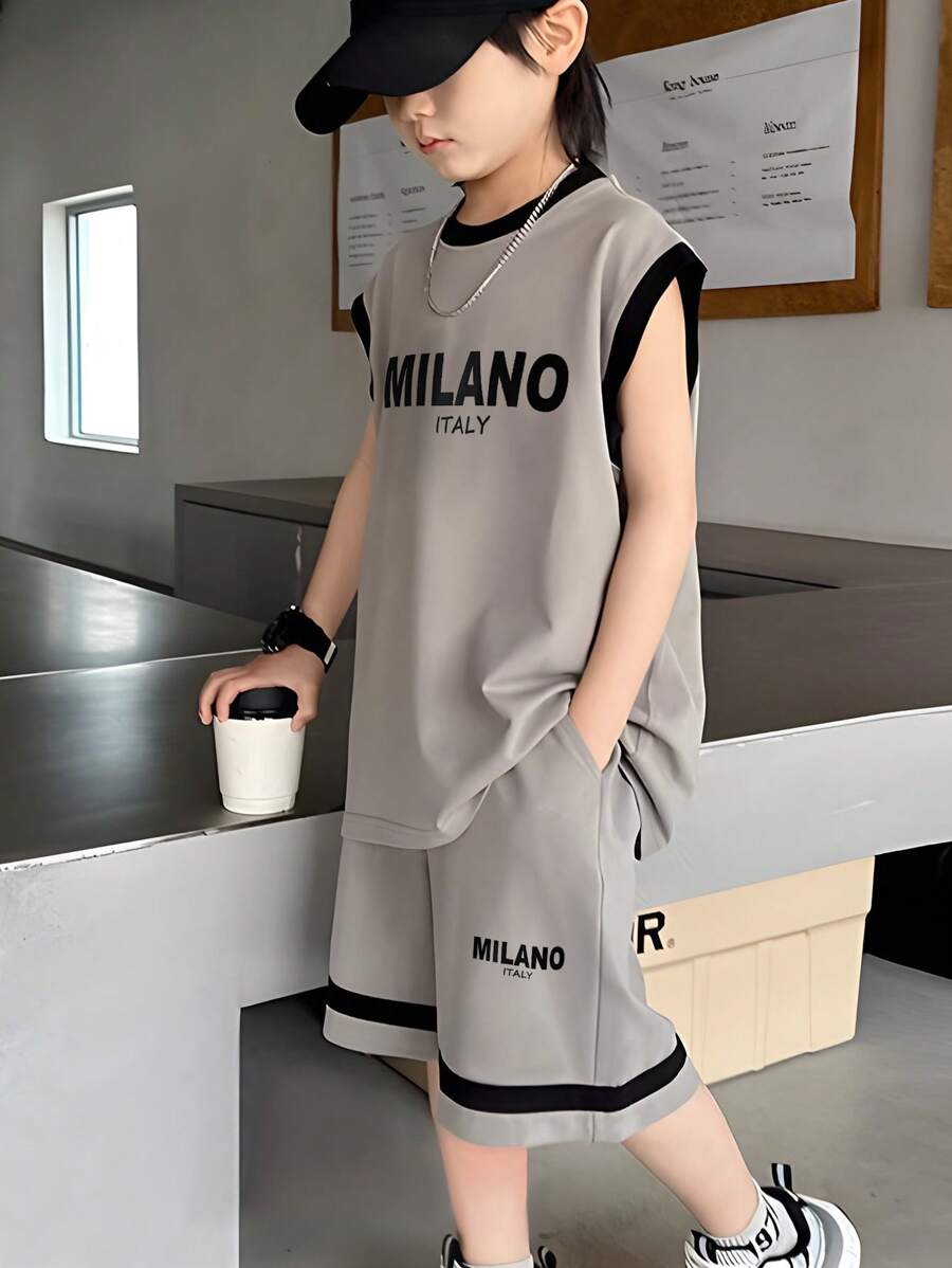 2pcs Big Boys Letter Print Crew Neck Tee & Shorts Set - Stone Grey