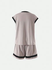 2pcs Big Boys Letter Print Crew Neck Tee & Shorts Set - Stone Grey