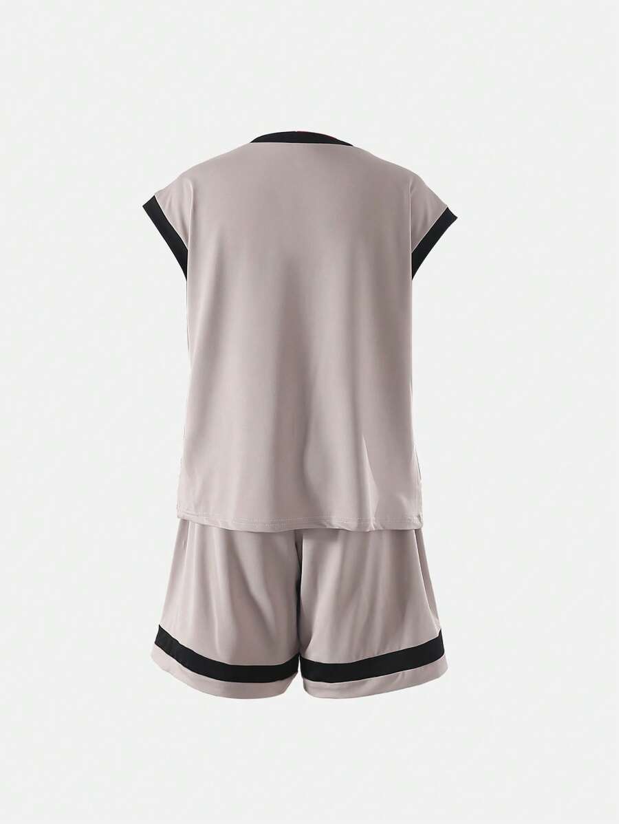 2pcs Big Boys Letter Print Crew Neck Tee & Shorts Set - Stone Grey