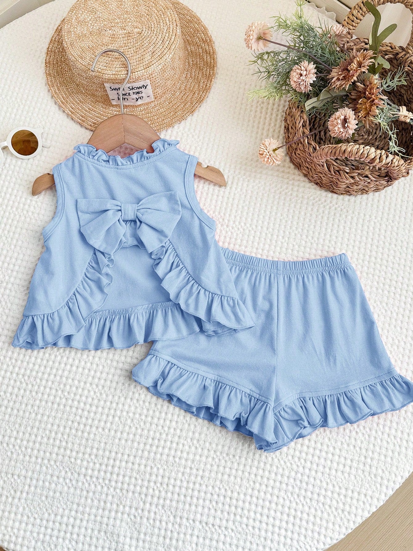 2pcs Girls Ruffle Bow-Back Tank Top & Shorts Set - Periwinkle | 21 ...