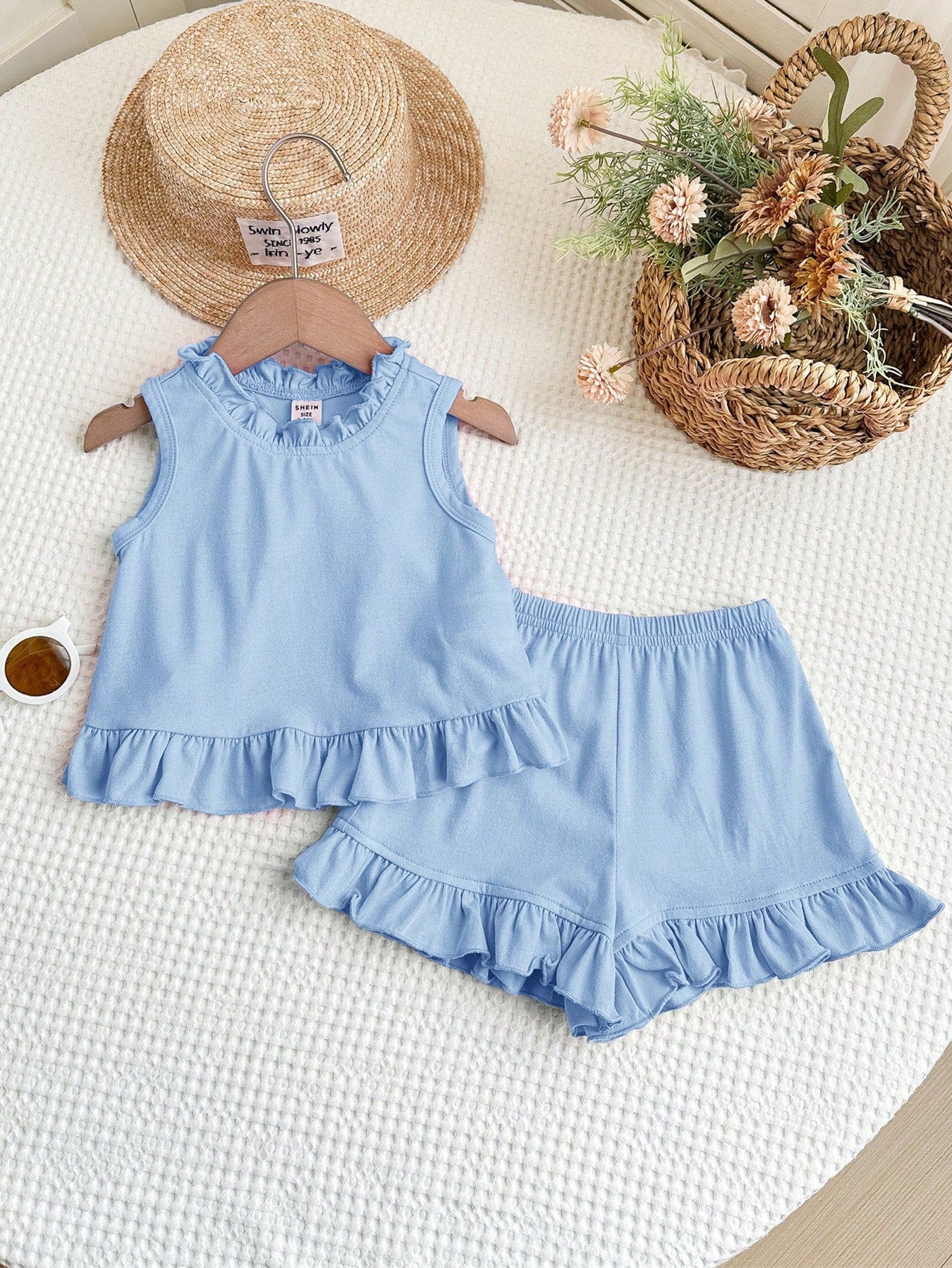 2pcs Girls Ruffle Bow-Back Tank Top & Shorts Set - Periwinkle | 21 ...