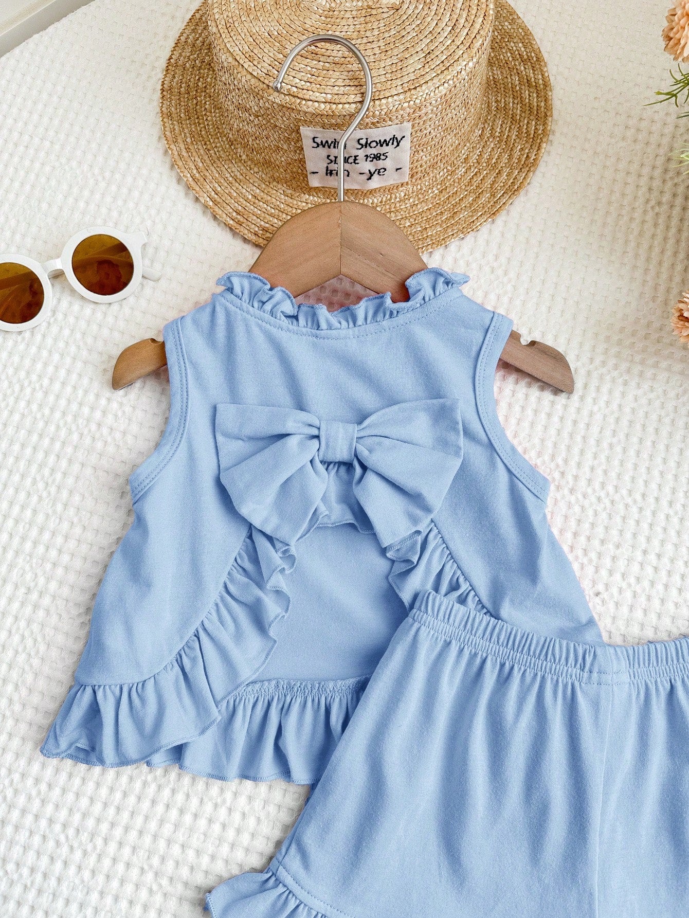 2pcs Girls Ruffle Bow-Back Tank Top & Shorts Set - Periwinkle | 21 ...