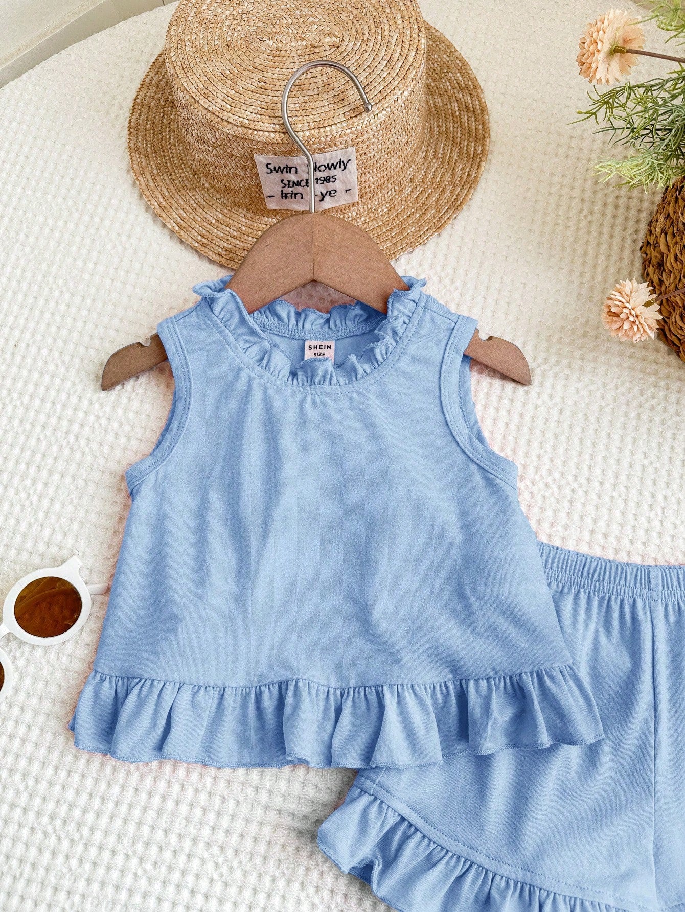 2pcs Girls Ruffle Bow-Back Tank Top & Shorts Set - Periwinkle | 21 ...