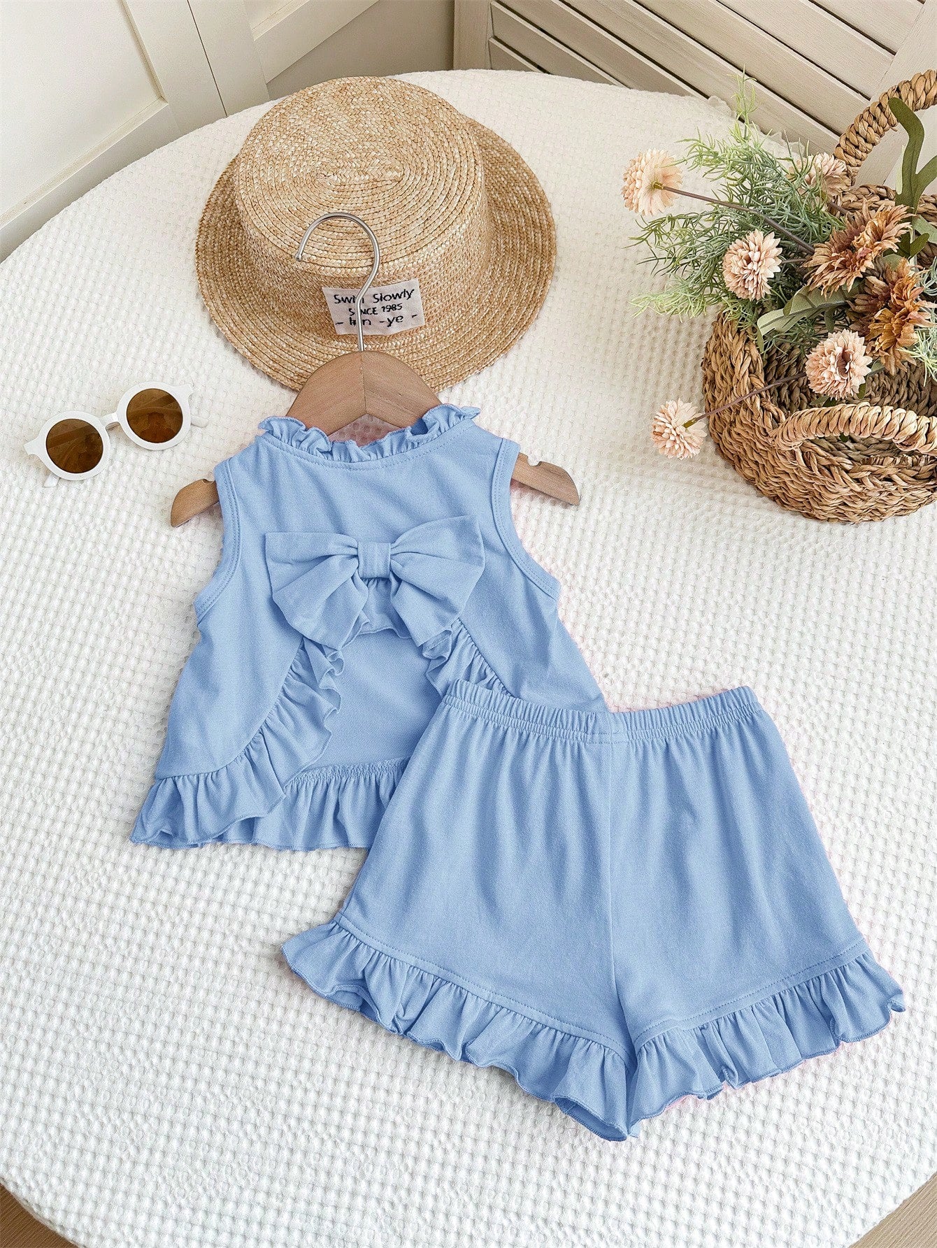 2pcs Girls Ruffle Bow-Back Tank Top & Shorts Set - Periwinkle | 21 ...