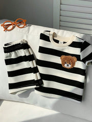 2pcs Boys Bear Embroidered Stripe Tee & Shorts Set - Ivory