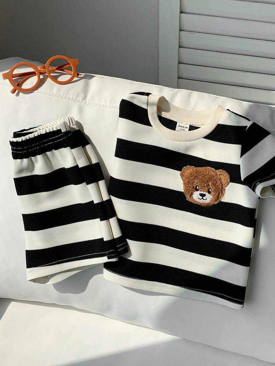 2pcs Boys Bear Embroidered Stripe Tee & Shorts Set - Ivory