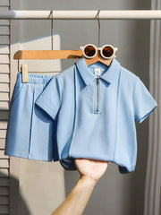 2pcs Little Boys Zip Polo Shirt & Shorts Set - Powder Blue