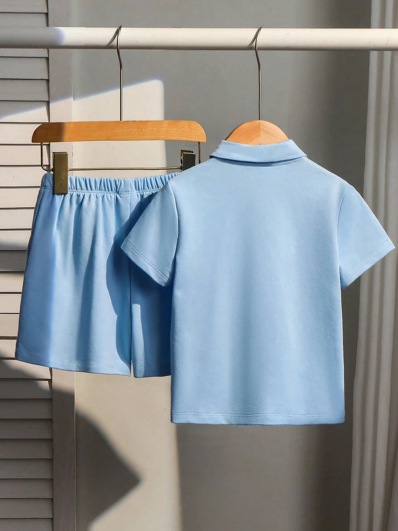 2pcs Little Boys Zip Polo Shirt & Shorts Set - Powder Blue