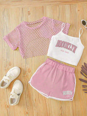 3pcs Girls Brooklyn Graphic Fishnet Overlay Camisole & Shorts Set -...