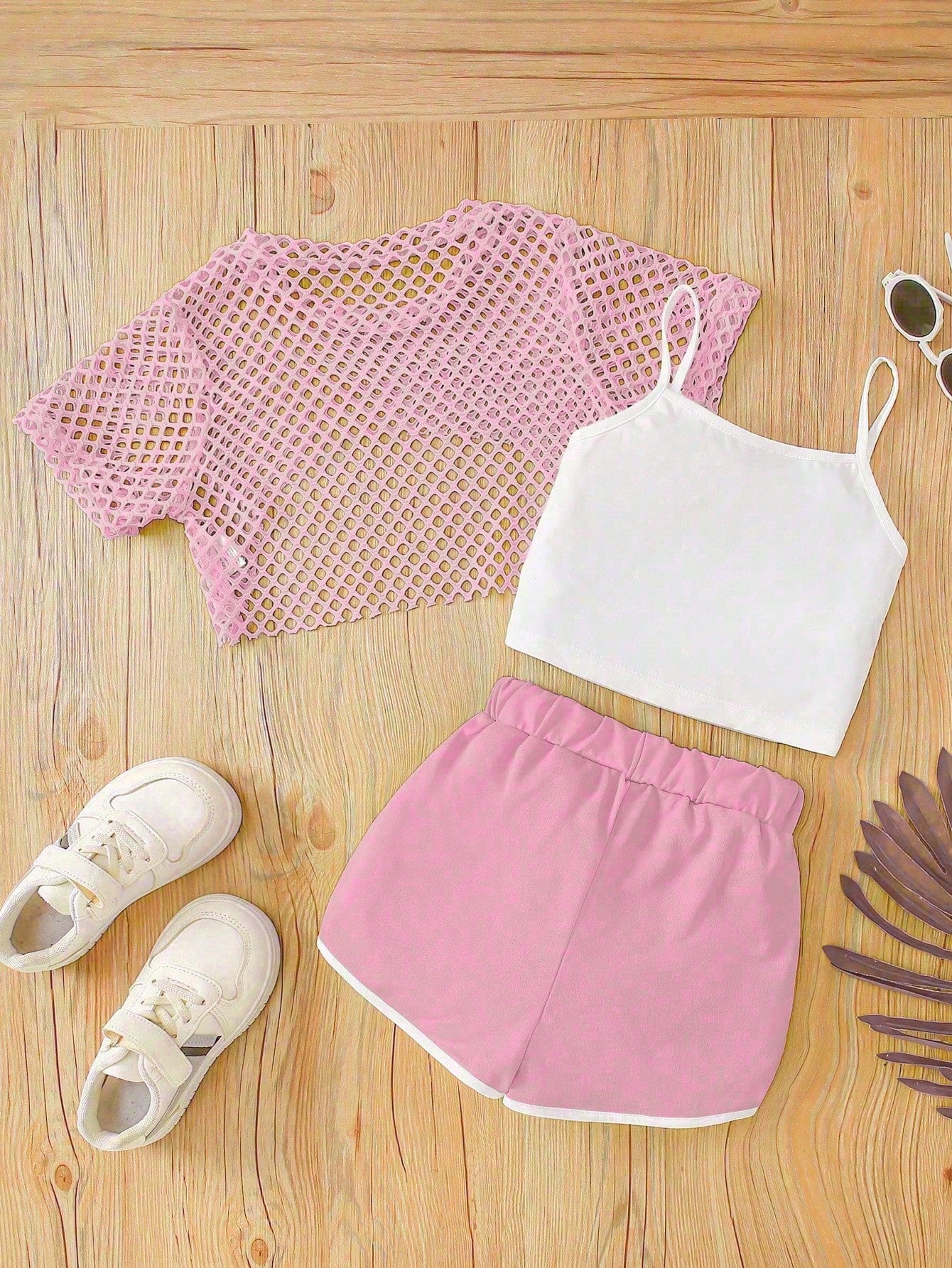 3pcs Girls Brooklyn Graphic Fishnet Overlay Camisole & Shorts Set -...