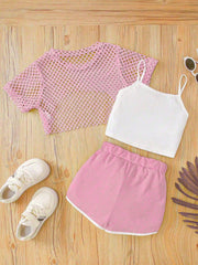 3pcs Girls Brooklyn Graphic Fishnet Overlay Camisole & Shorts Set -...