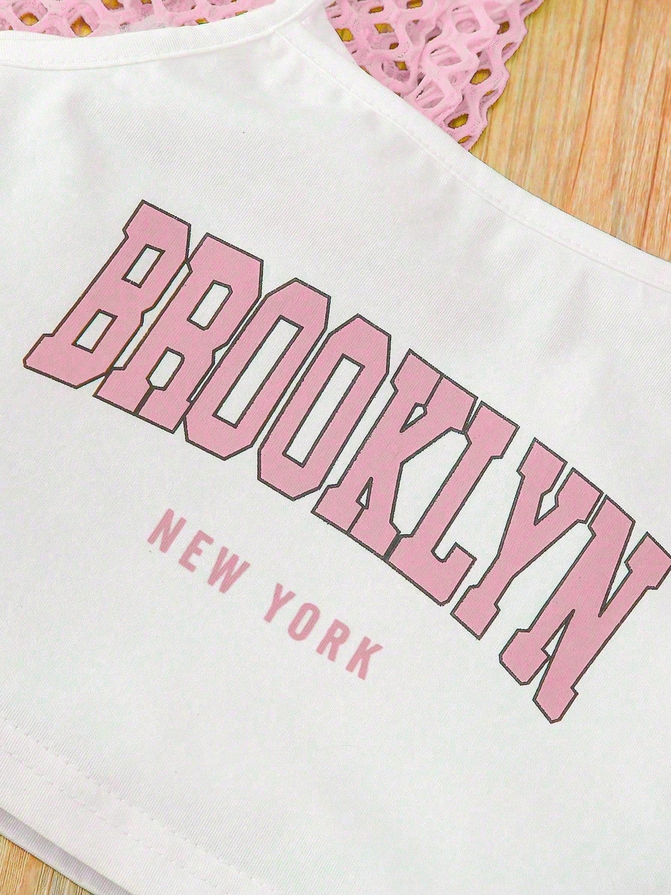 3pcs Girls Brooklyn Graphic Fishnet Overlay Camisole & Shorts Set -...