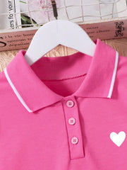 Girls Heart Embroidered Polo Skater Dress - Fuchsia