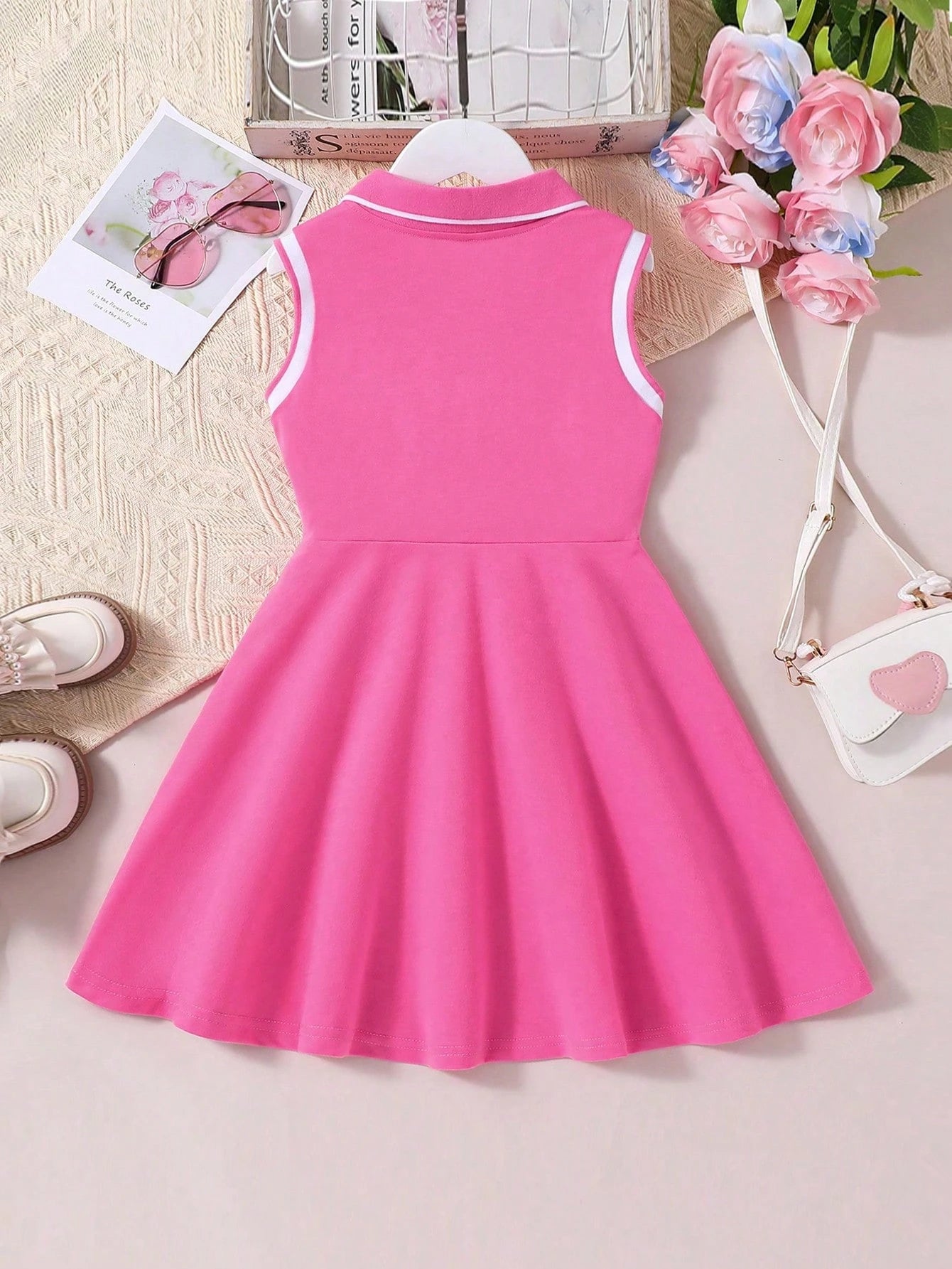Girls Heart Embroidered Polo Skater Dress - Fuchsia