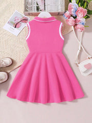 Girls Heart Embroidered Polo Skater Dress - Fuchsia