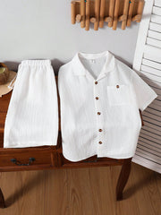 2pcs Big Boys Retro Textured Lapel Shirt & Shorts Set - Ivory