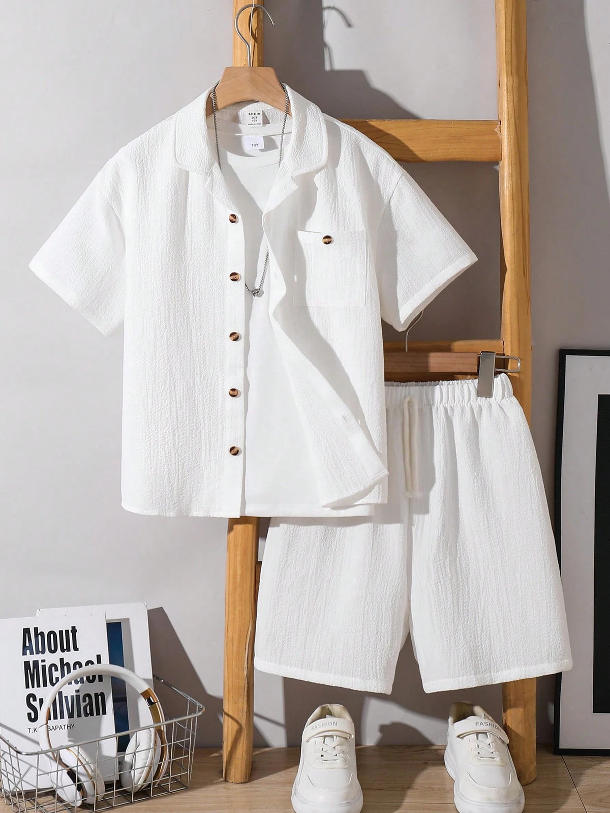 2pcs Big Boys Retro Textured Lapel Shirt & Shorts Set - Ivory