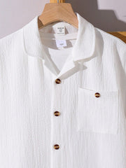 2pcs Big Boys Retro Textured Lapel Shirt & Shorts Set - Ivory
