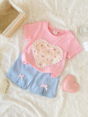 2pcs Girls Floral Heart Appliqué Tee & Shorts Set - Blush | 21 Cent...