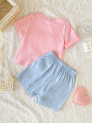 2pcs Girls Floral Heart Appliqué Tee & Shorts Set - Blush | 21 Cent...