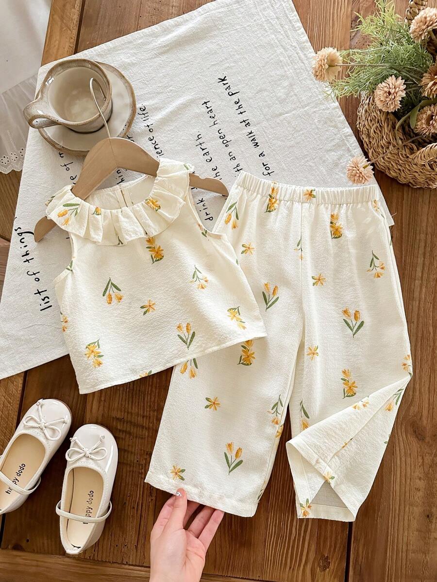 2pcs Girls Floral Ruffle Collar Top & Pants Set - Ivory | 21 Centur...