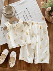 2pcs Girls Floral Ruffle Collar Top & Pants Set - Ivory | 21 Centur...