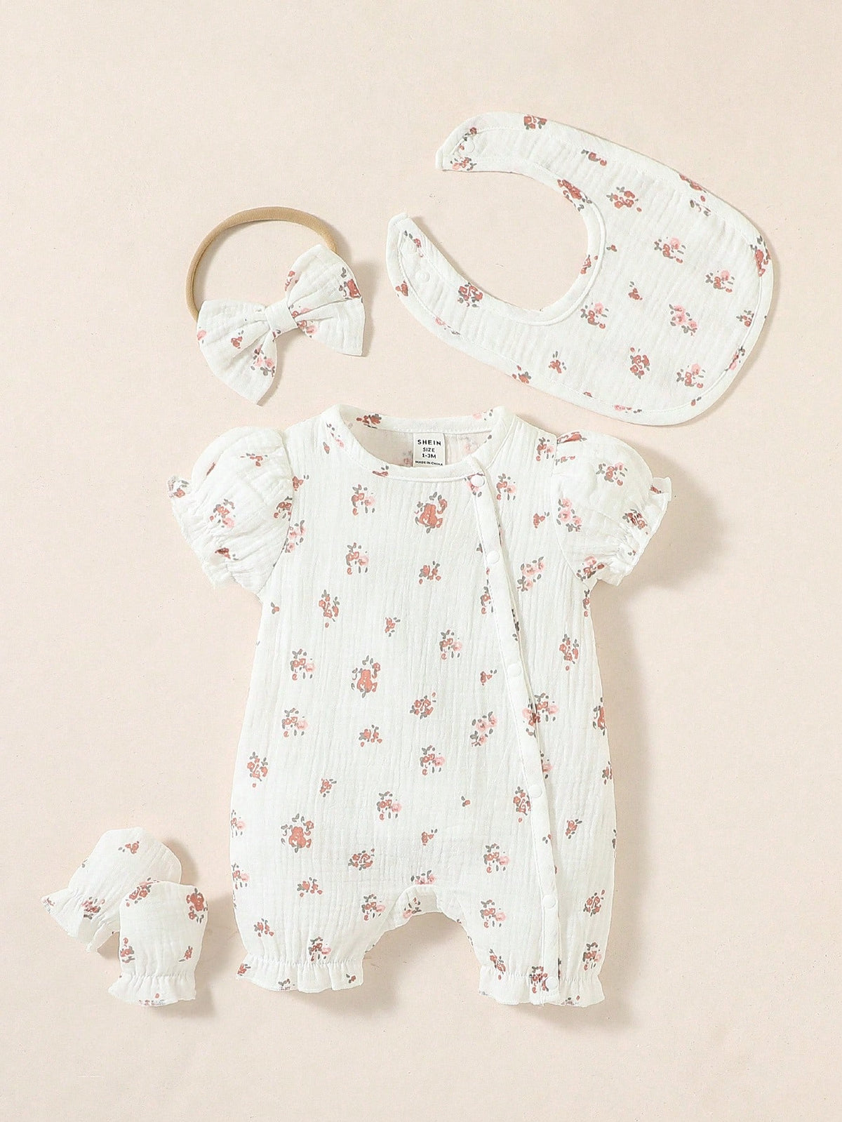 4pcs Baby Girls Ditsy Floral Muslin Romper Set - Ivory | 21 Century...